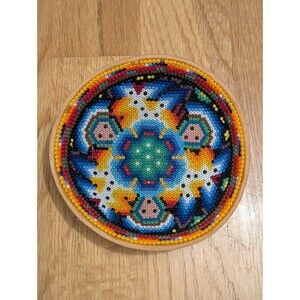 Traditional Huichol Seed Beaded Gourd Bowl Handmade Mexican Folk Art Vintage 4”